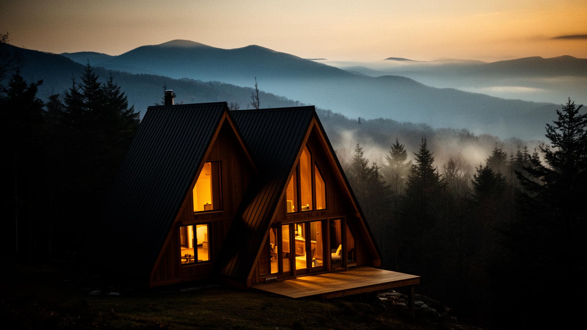 Luxury A-frame cabin in the Smoky Mountains at golden hour
